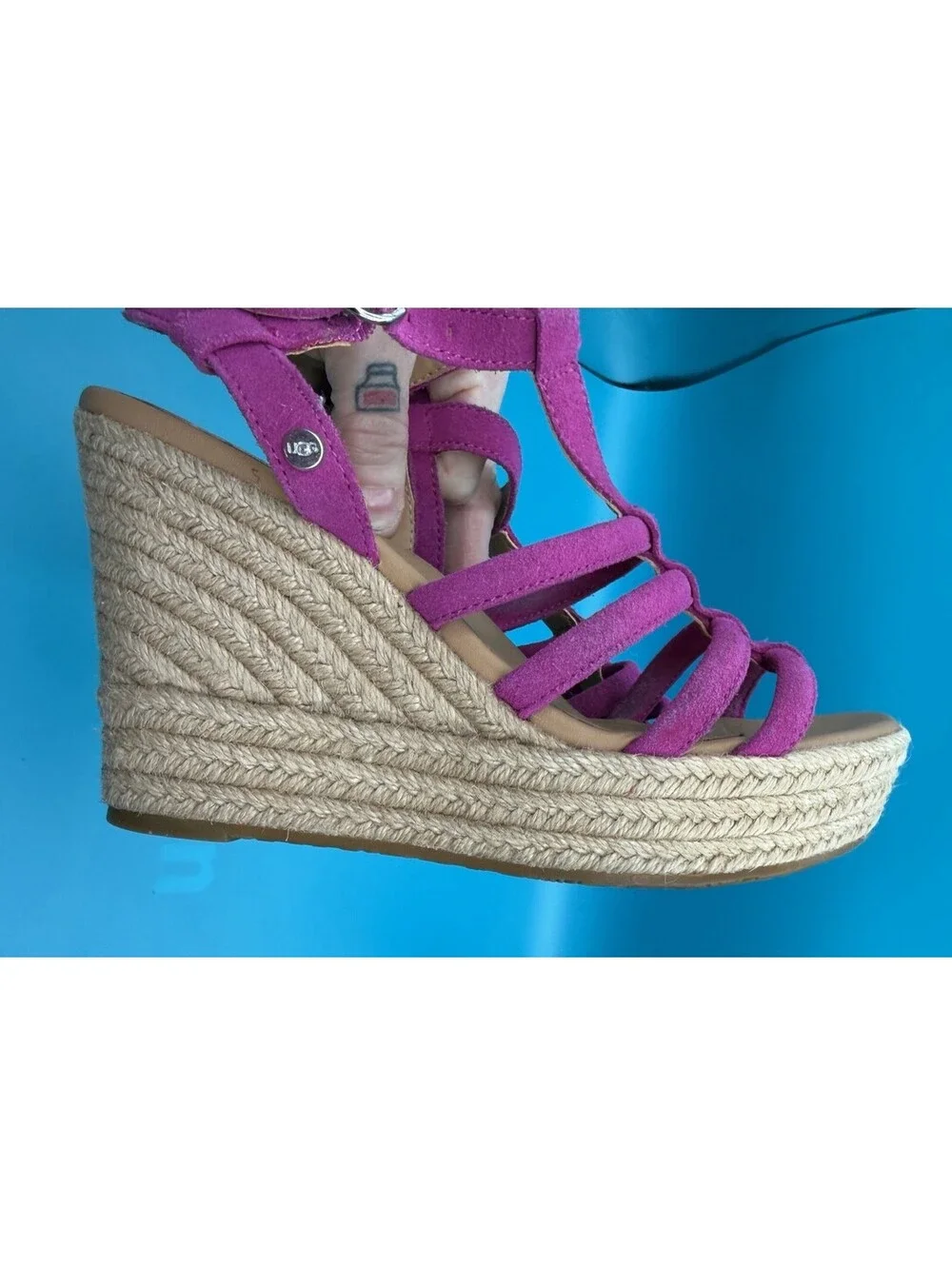 UGG Cressida Vibrant Purple Suede Strappy Sandals Jute Wrapped Wedge Heel Size 7